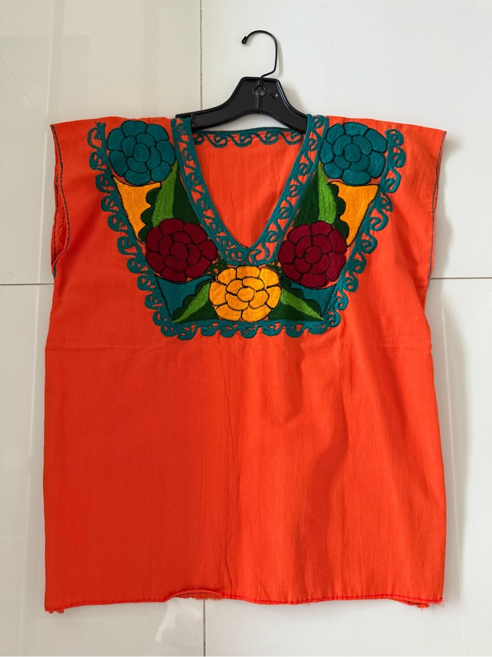 Hand-Embroidered Orange Mexican Floral Tunic Top